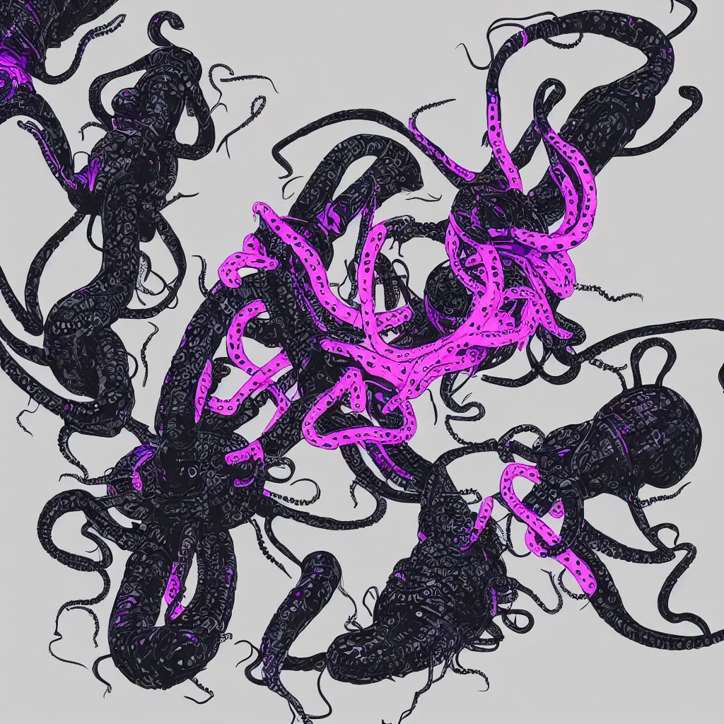 Image similar to insect and octopus like Alien modeling futuristic streetwear with QR patterns and neon synthwave shoes