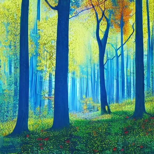 Image similar to a blue and orange forest, four seasons