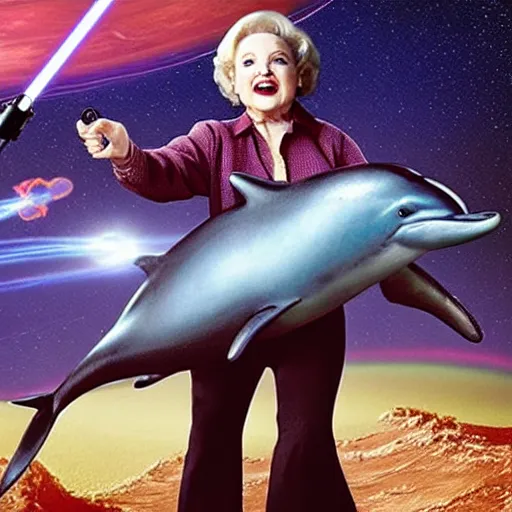 Prompt: betty white dual wielding lightsabers riding a dolphin through space