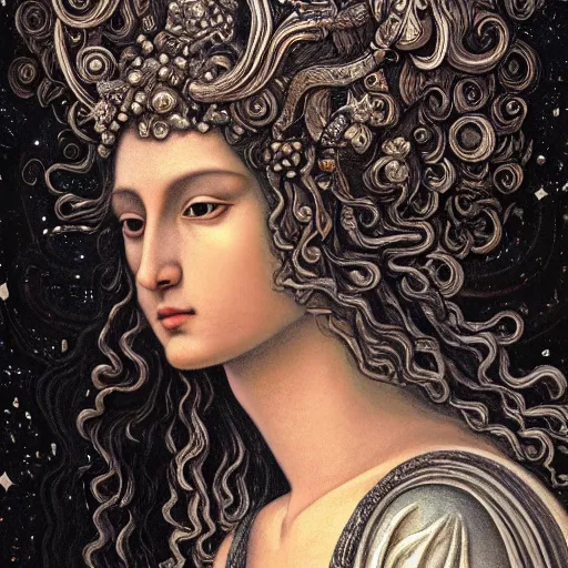 Prompt: baroque neoclassicist closeup renaissance portrait of a beautiful moon goddess with stars in her flowing hair, reflective detailed textures, glittering silver ornaments, dark fantasy science fiction painting by diego rivera and jean delville and ruan jia and nicholas roerich and annie swynnerton, dramatic lighting, gleaming silver and soft rich colors, floral tattoos, artstation, octane render