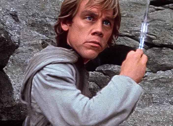 Image similar to screenshot of Luke Skywalker using the force to make rocks float around him, sitting outside on the rocky jedi temple, famous scene from the last jedi, 1980s film directed by Stanley Kubrick cinematic lighting, kodak, moody cinematography, with anamorphic lenses, crisp, detailed portrait, 4k image