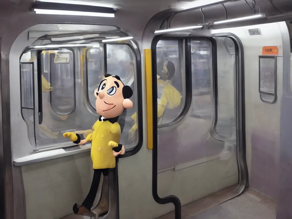 Image similar to a flat shaded cartoon character in a photo real subway car