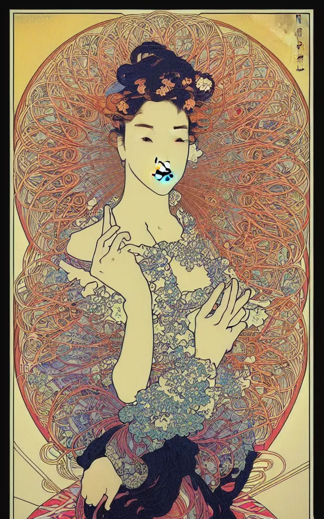 Prompt: wave, particle, synth, frequencies, pattern, oscillation. wave-particle duality. beautiful japanese embroidery. vibrant, colorful, by james jean by alphonse mucha