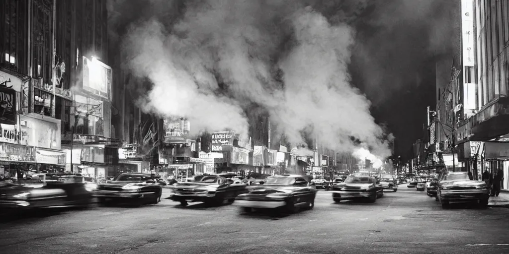 Prompt: a high resolution photo of a new york street at night surrounded with smoke and cars with bright headlights by joel meyerowitz, realistic photo, trending on artsation,