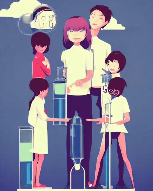 Image similar to children in science lab experiment test tube microscope. clean cel shaded vector art. minimalist illustration art by lois van baarle, artgerm, helen huang by makoto shinkai and ilya kuvshinov, rossdraws