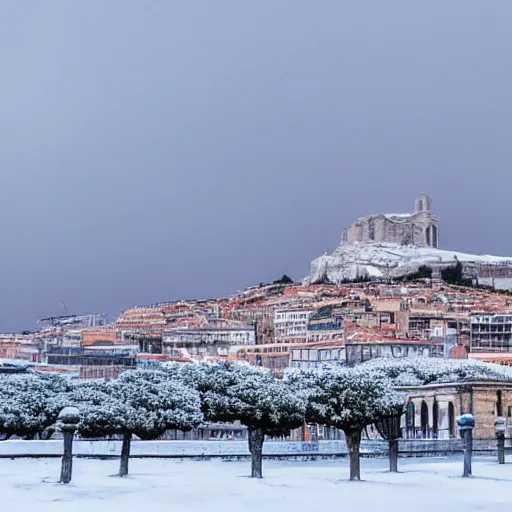 Prompt: Marseille landmarks covered in snow at midday, photo, professional photography.