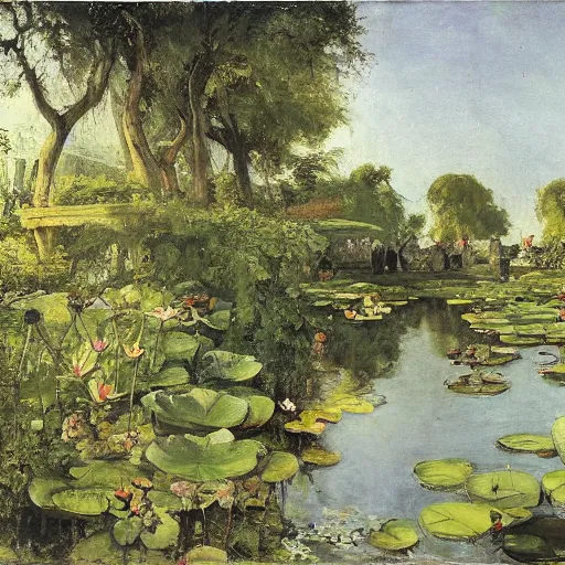 Prompt: lotus pond, Adolph Menzel, trending on artstaion
