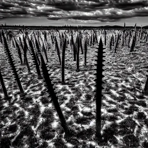 Prompt: radioactive spike field, monolithic granite spikes, creepy looking skin walker amongst the spikes, creepy monotone black and white lighting, post nuclear fallout, desolate, no life, high resolution, old photo, artistic, award winning photo