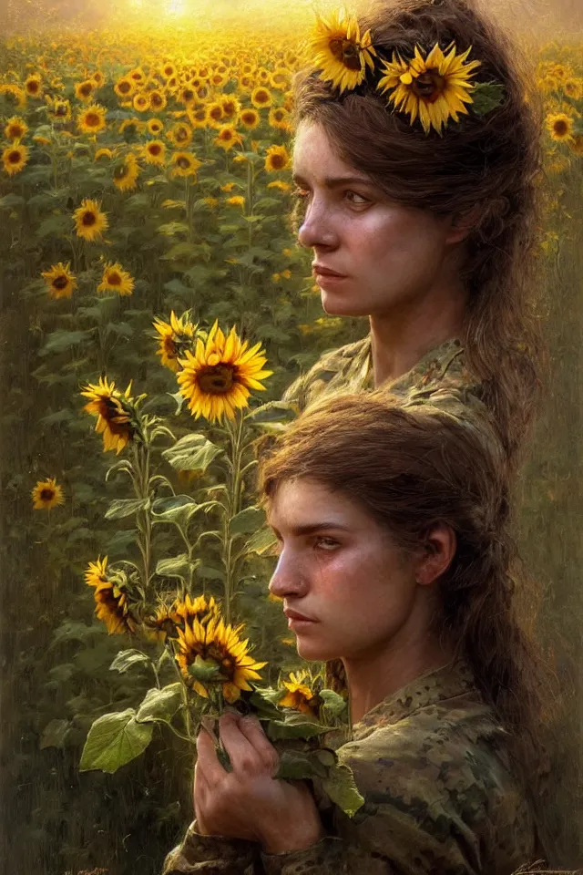 Prompt: close face portrait of a female ukraine soldier with a sunflower in her hair, summer season, moody scene, highly detailed, intricate, sharp details, summer vibe, gorgeous scene by gaston bussiere, craig mullins, somber lighting, drawn by giacomo burattini, inspired by graphic novel cover art, hyperrealistic, 8 k by rhads