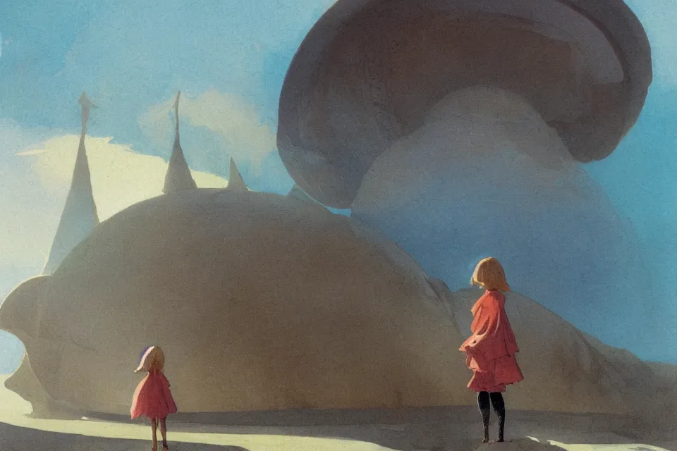 Image similar to atmospheric painting of a giant seashell house, a young girl stands outside, by moebius and john harris, atmospheric blues, concept art, saturation 40