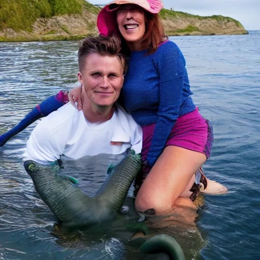 Prompt: Photostock of a soccermom happily married to a sea monster.