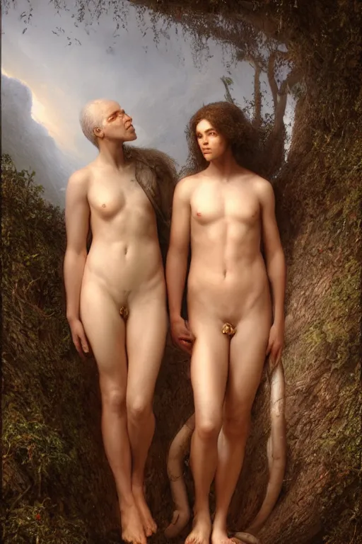 Image similar to full-frame full-body portrait of Adam and Eve, 4k detailed hyperrealistic digital photo by Justin Gerard, Beeple, Gustave Dore, Artstation, CGsociety