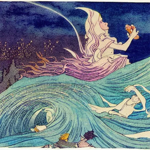 Image similar to an extremely colorful depiction of the wave scene from peter beagle ’ s the last unicorn, from a book of fairy tales illustrated by edmund dulac