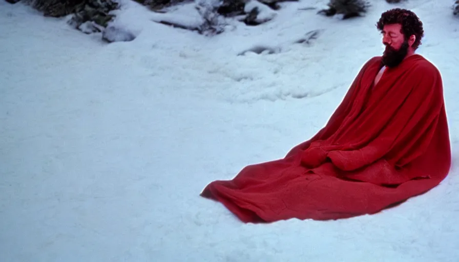 Image similar to 1 9 6 0 s movie still close up of marcus aurelius tired in a red toga frozen to death under the snow by the side of a river with gravel, pine forests, cinestill 8 0 0 t 3 5 mm, high quality, heavy grain, high detail, texture, dramatic light, anamorphic, hyperrealistic, detailed hair, foggy
