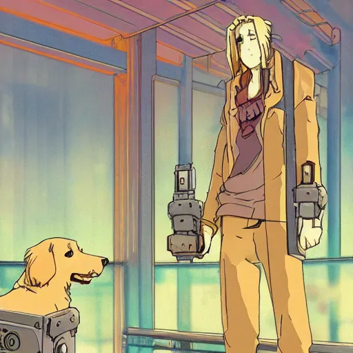 Image similar to golden retriever in a cyberpunk world, studio ghibli