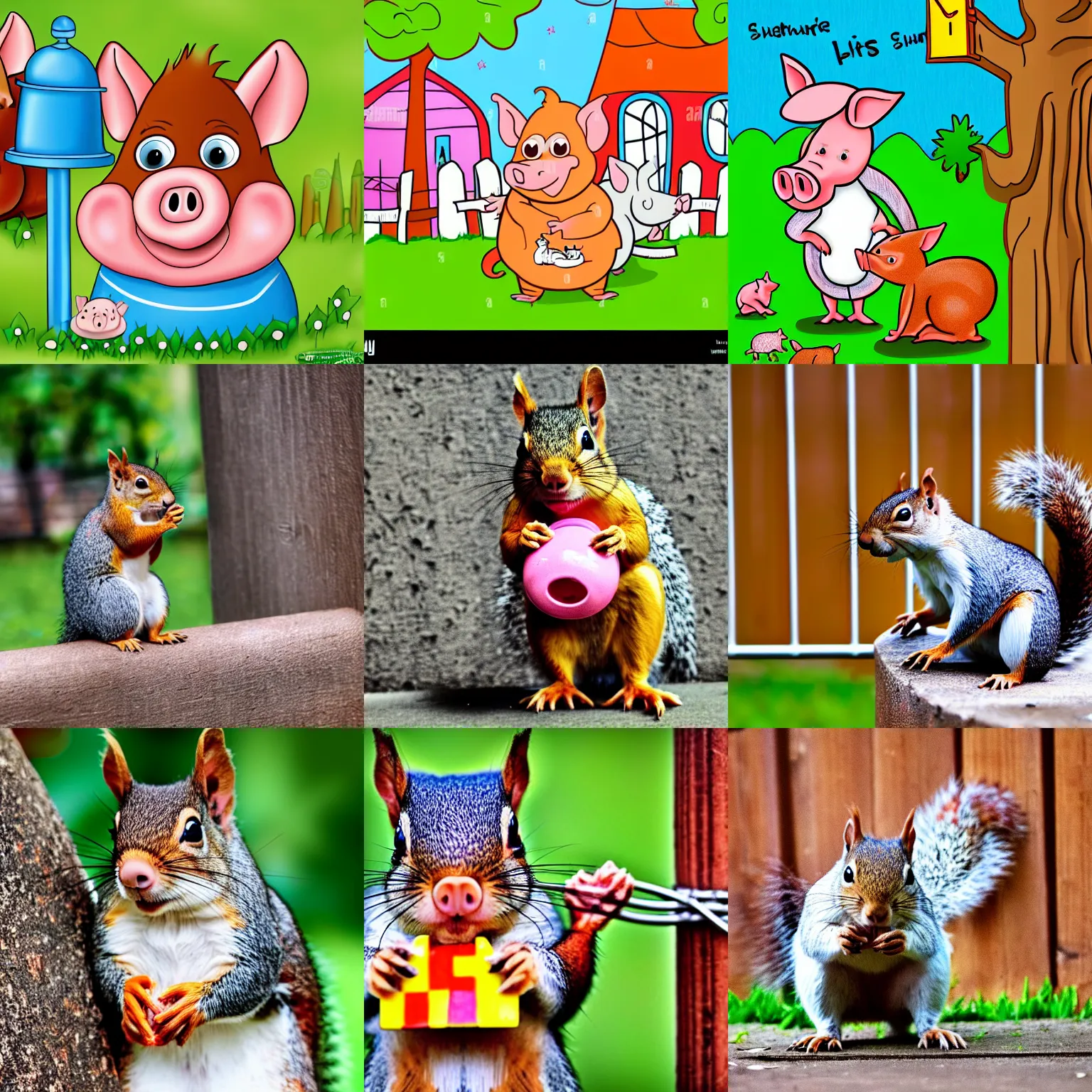 Prompt: the photo of a squirrel as a guard and little pig as a prisoner, happy colors, children's, family friendly