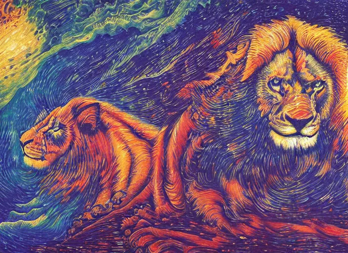 Image similar to An oil on canvas painting of two lions, void vortex, cosmic, by Dan Mumford and Umberto Boccioni,, aesthetically pleasing composition, masterpiece, ultra-realistic, super realistic, 4k, 8k