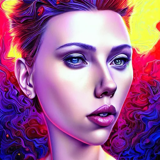 Image similar to portrait of scarlett johansson, hyper detailed masterpiece, neon floral pattern, jean giraud, digital art painting, darkwave goth aesthetic, psychedelic, artgerm, donato giancola and tom bagshaw