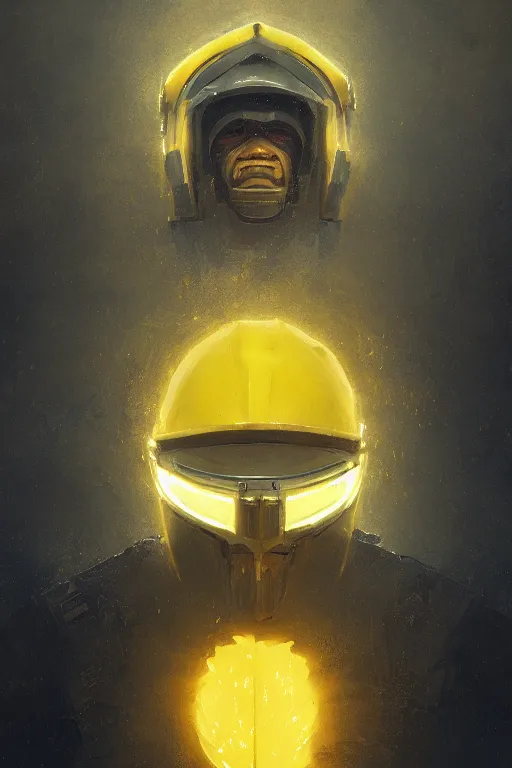 Image similar to A fancy portrait of a yellow glowing holy knight with their face covered by a helmet by Greg Rutkowski, Sung Choi, Mitchell Mohrhauser, Maciej Kuciara, Johnson Ting, Maxim Verehin, Peter Konig, 8k photorealistic, cinematic lighting, HD, high details, dramatic, trending on artstation