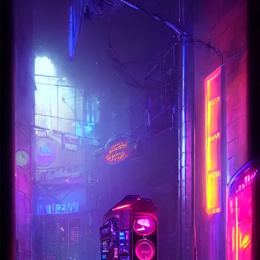 Image similar to a vending machine dimly neon lighting a dark alley, by greg rutkowski and gaston bussiere, dim purple and blue neon lighting, beautiful volumetric - lighting - style atmosphere, futuristic atmosphere, intricate, detailed, photorealistic imagery