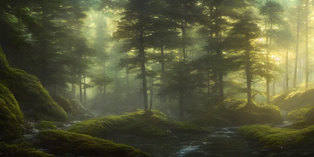 Prompt: a forest, highly detailed oil painting, Jessica Rossier, Studio Ghibli, digital art, octane render, beautiful composition, trending on artstation, masterpiece