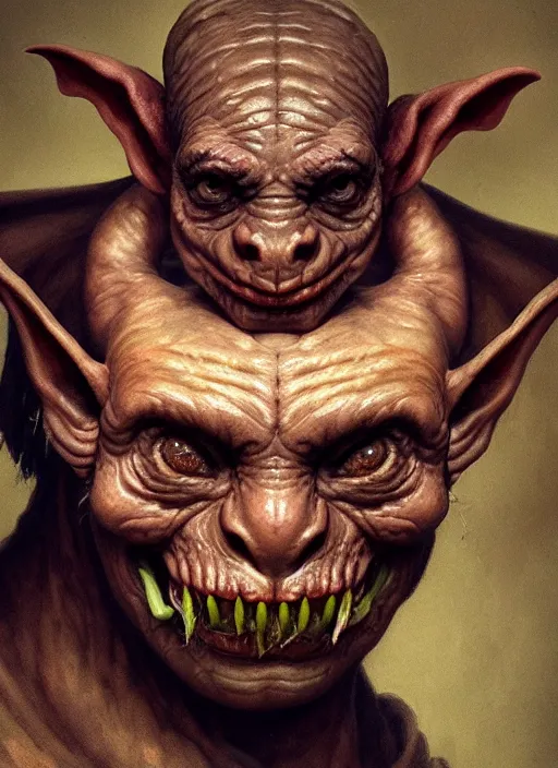 Image similar to profile face portrait of a medieval goblin eating cakes in the cloisters, beautiful face, hyper realistic, highly detailed, digital painting, artstation, illustration, concept art by hyung tae, bosch, giger, frank frazetta, digital paint, matte paint, washed colors, dark, gloomy