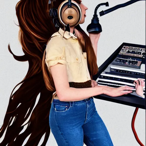 Image similar to realistic portrait of a woman with brown hair, jeans, headset, synthesizer, computer, steampunk, vivid colors