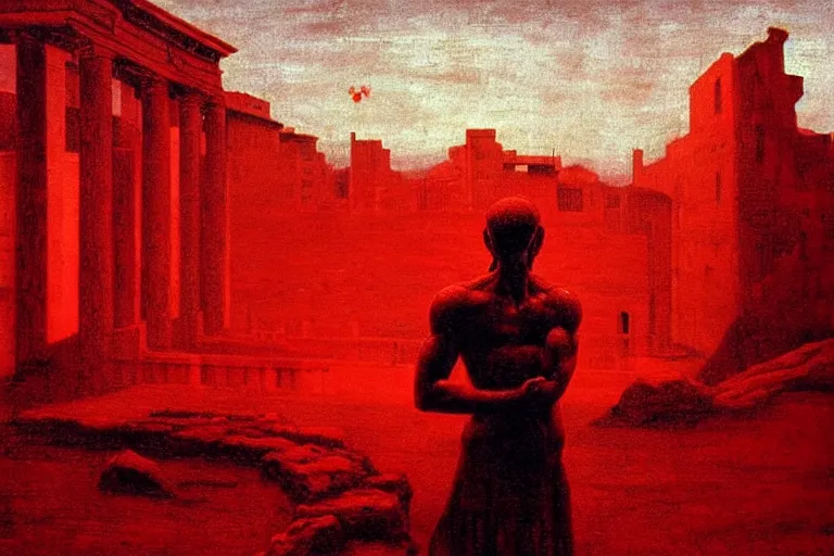 Image similar to only with red, caesar after war, a red tiger, in hoc signo vinces, rome in background, an ancient path, in the style of beksinski, part by hopper, part by rodcenko, part by hofbauer, intricate composition, red by caravaggio, insanely quality, highly detailed, masterpiece, red light, artstation