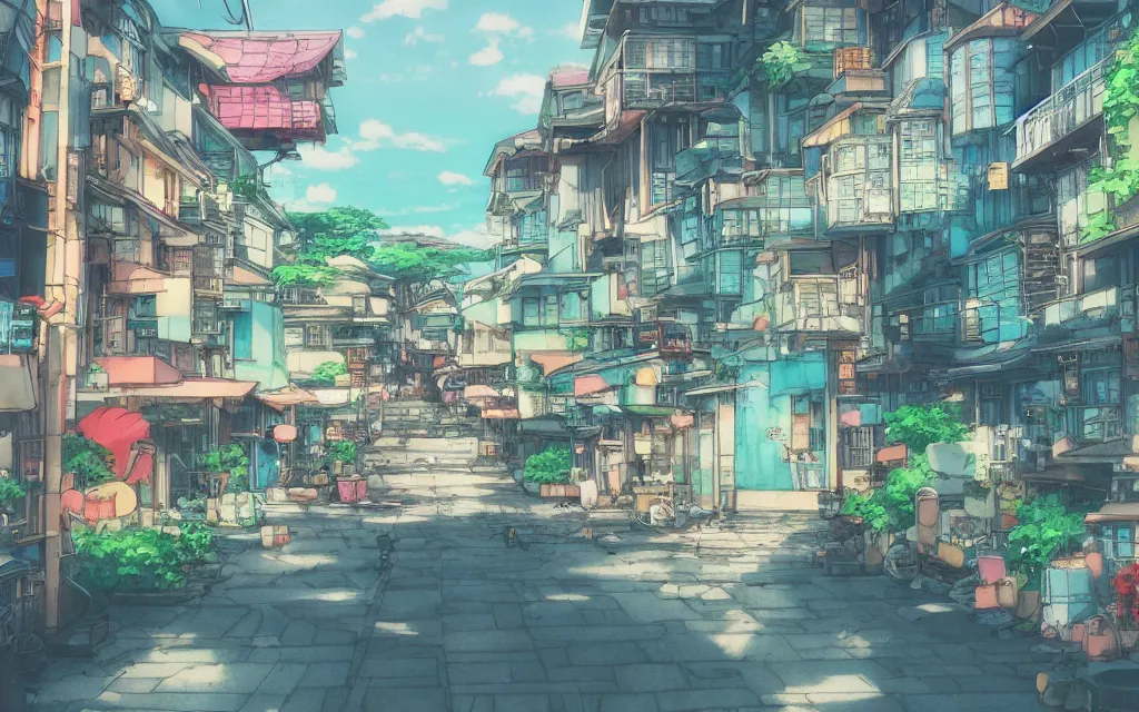 Prompt: a japanese city near the sea, lofi, dreamy, moody, very colorful, anime inspiration, makoto shinkai, ghibli vibe