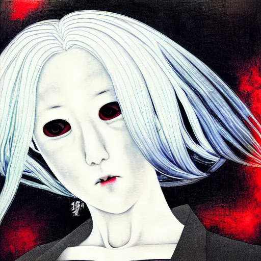 Image similar to yoshitaka amano blurred and dreamy realistic three quarter angle portrait of a woman with white hair and black eyes wearing dress suit with tie, junji ito abstract patterns in the background, satoshi kon anime, noisy film grain effect, highly detailed, renaissance oil painting, weird portrait angle, blurred lost edges