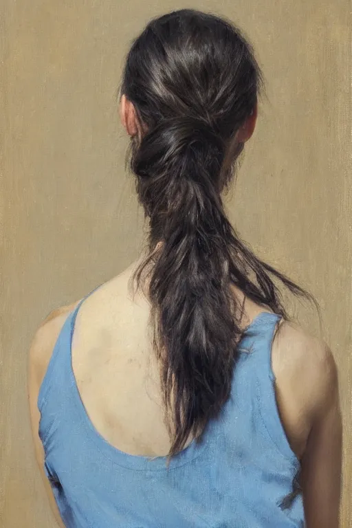 Image similar to girl with messy ponytail hairstyle, back view, blue camisole, shoulder tattoo, jeremy lipking, joseph todorovitch