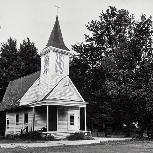 Image similar to A photograph of an old New England church, circa 1960