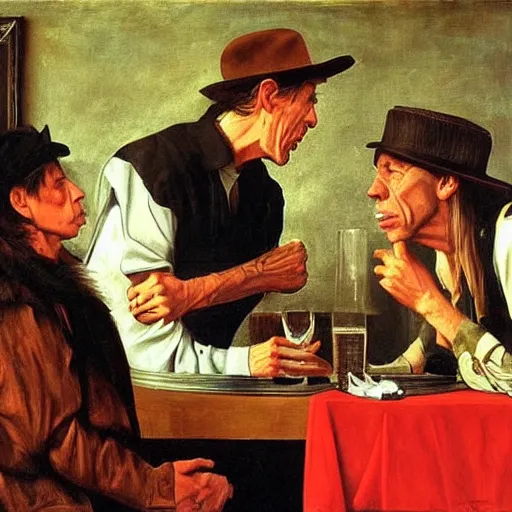 Image similar to Tom Waits and Iggy Pop talking in a pub by Jim Jarmush, oil painting by Caravaggio