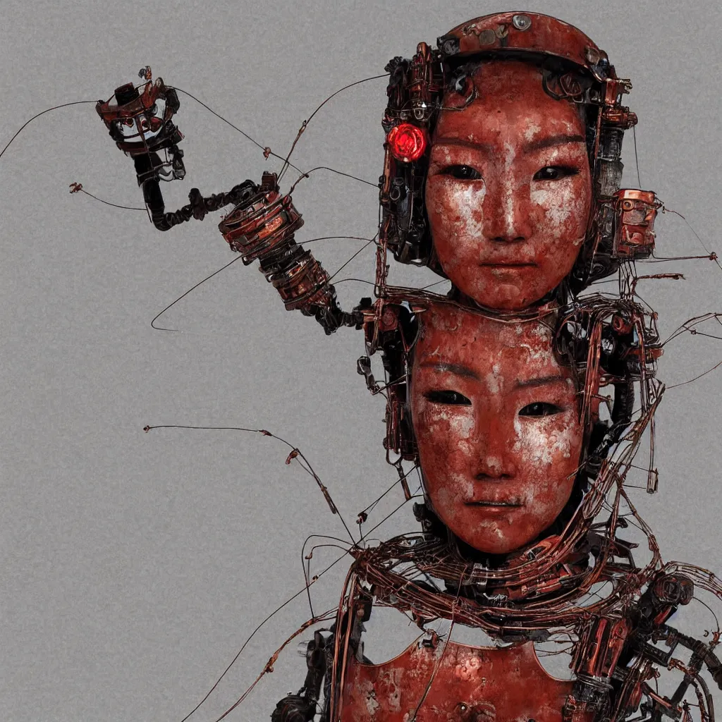 Prompt: Portrait of a slightly rusty, beaten-up Japanese robotic geisha with wires and actuators, dramatic lighting, hyper-realistic, ultra-realistic, concept art, intricate details, 8K Ultra High Definition, digital art