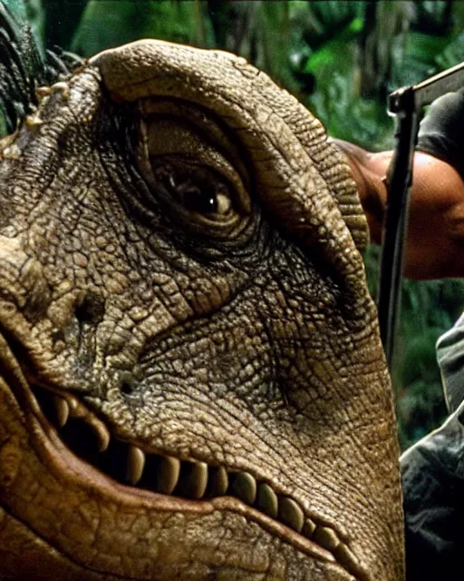 Prompt: Film still close-up shot of Dwayne Johnson with a dinosaur in the movie Jurassic Park. Photographic, photography