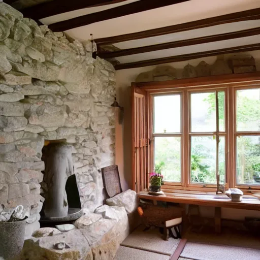 Prompt: photo of interior of historic cozy stone cottage, english and japanese, nature theme