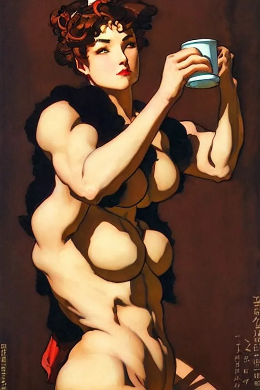 Image similar to attractive hercules played as a woman drinking coffee, painting by j. c. leyendecker, yoji shinkawa, katayama bokuyo