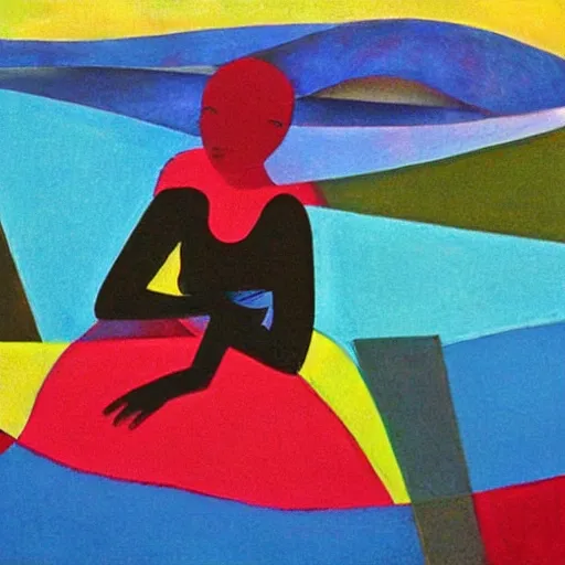 Prompt: woman stops by the river and weaves the stories for her community, abstract art in the style of cubism and Georgia o keefe,