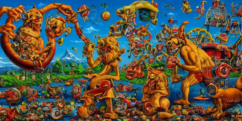 Prompt: simple composition refined oil painting lowbrow pop surreal masterpiece in the style of robert williams todd schorr perfect uncluttered composition,