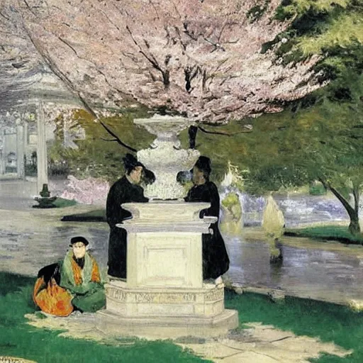 Prompt: ultradetailed ornamental shrine surrounded by cherry blossom trees, wet and rainy, painting by edouard manet