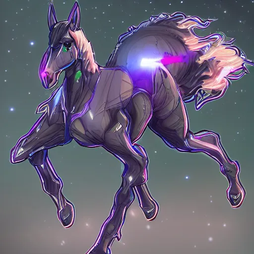 Prompt: cybernetic neo - equine mind transfer : horse - like creatures running impossibly fast through the night, reveling in their machine - aided grace and supremacy over any natural creature, furaffinity