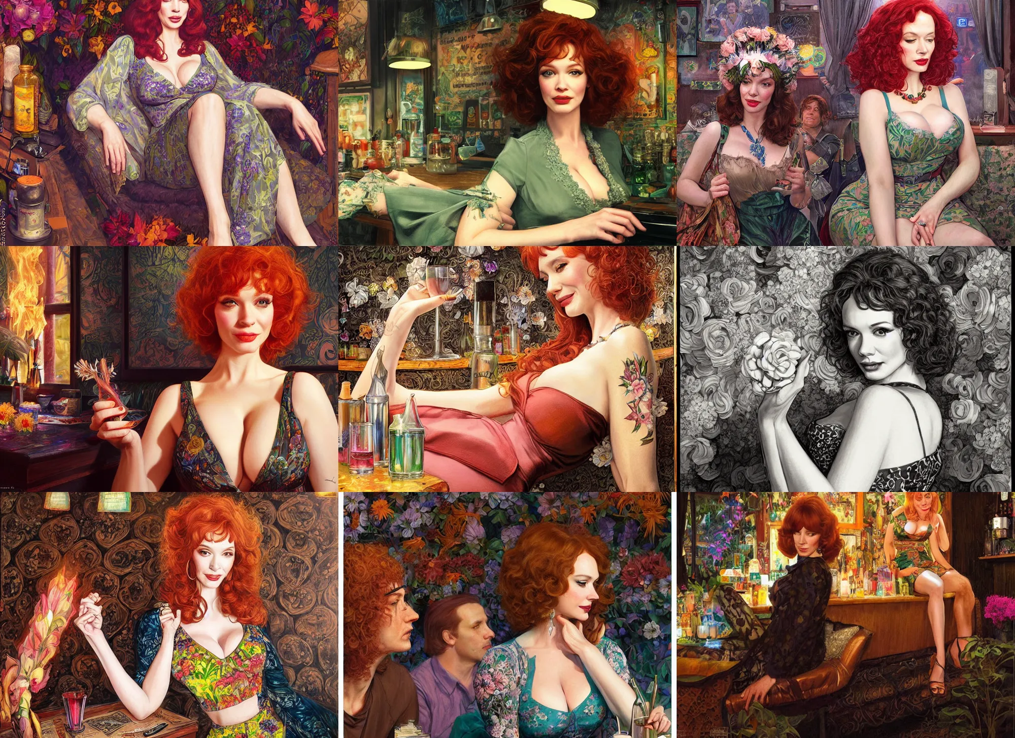 Image similar to Christina Hendricks as a 1960s flower power hippy relaxing in a smokey dark bar, elegant, highly detailed, depth of field, Artstation, Artgerm, Donato Giancola and Joseph Christian Leyendecker