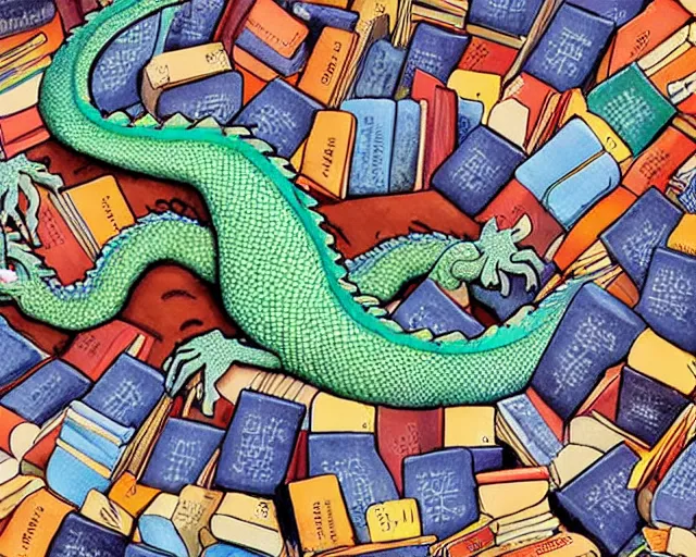 Prompt: A huge dragon sleeping on a huge pile of tiny books, by Jody A Lee.