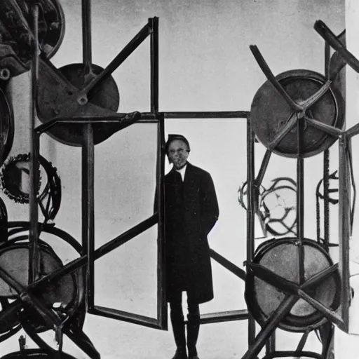 Image similar to a historical photograph of Marcel Duchamp surrounded my ancient machines in a vast empty white room, 1919, courtesy of Centre Pompidou