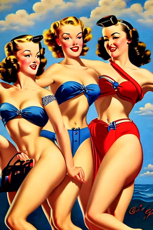 Prompt: 1940s group of pinup bikini girls in the office, oil painting, by Gil Elvgren
