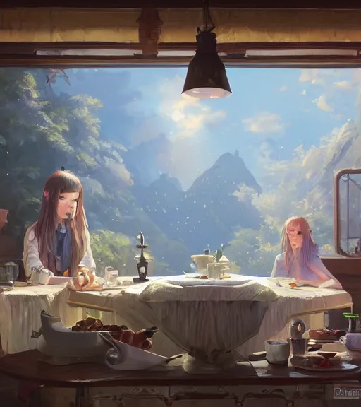 Image similar to highly detailed spilled milk on the table, stephen bliss, unreal engine, loish, rhads, ferdinand knab, makoto shinkai and lois van baarle, ilya kuvshinov, rossdraws, tom bagshaw, reflective global illumination, god rays, detailed and intricate environment