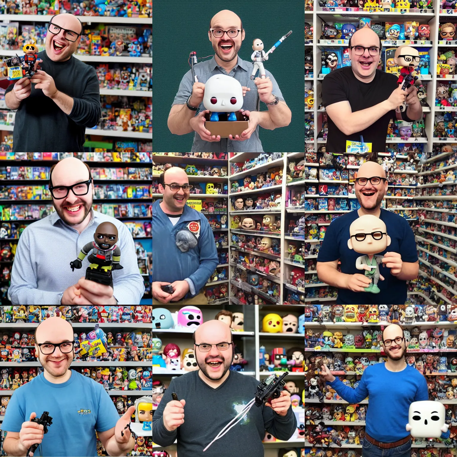 Prompt: an extremely happy nerdy balding guy surprised in front of his collection of funko pop, holding a female ghostbuster, realistic photo