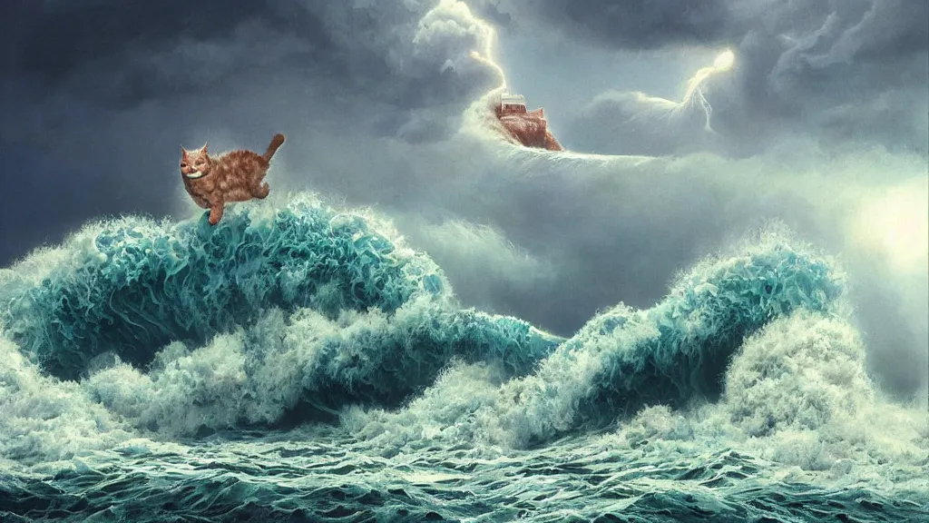 Prompt: a massive wet kitten bursting out of a stormy sea, huge waves, sunbeams in background, intricate, detailed, volumetric lighting, sharp focus, scenery, photorealism, digital painting, highly detailed, concept art, by roger dean and simon stalenhag and mark brooks