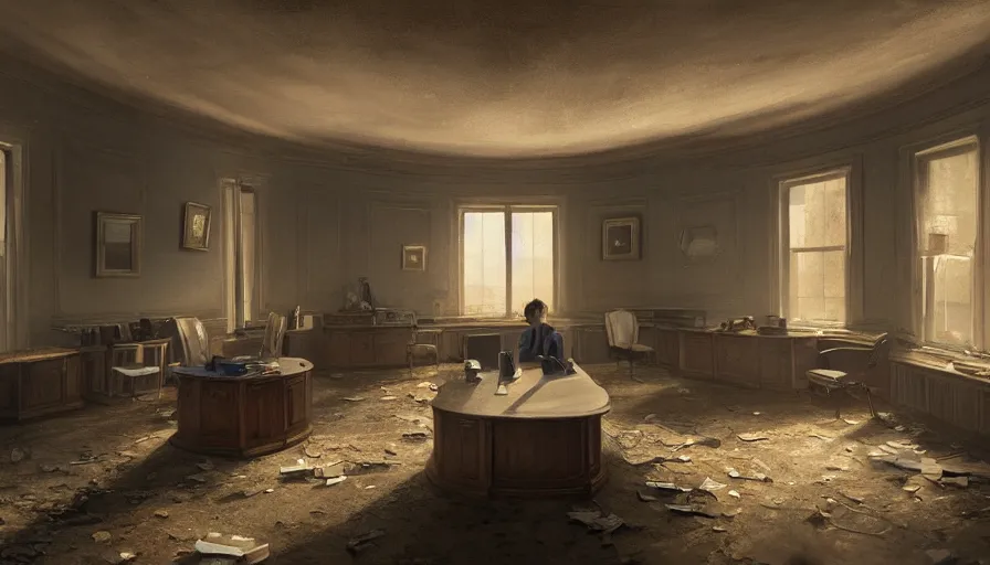 Image similar to abandoned dusty oval office with lights through broken windows, hyperdetailed, artstation, cgsociety, 8 k