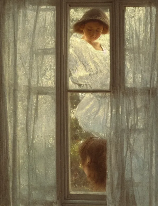 Prompt: peasant girl in a morning in country house looking in a window, cottage core, polaroid photo bleached vintage pastel colors high - key lighting, soft lights, foggy, by steve hanks, by lisa yuskavage, by serov valentin, by tarkovsky, detailed, oil on canvas